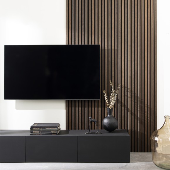 Wooden slat wall panel Vertigo - 250x30x1 cm - Dark oak on black felt