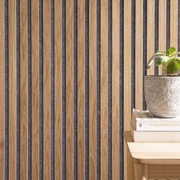 Wooden Slat Wall - Vertigo Slim - 250 x 30 x 1cm - Classic Oak - Grey Felt