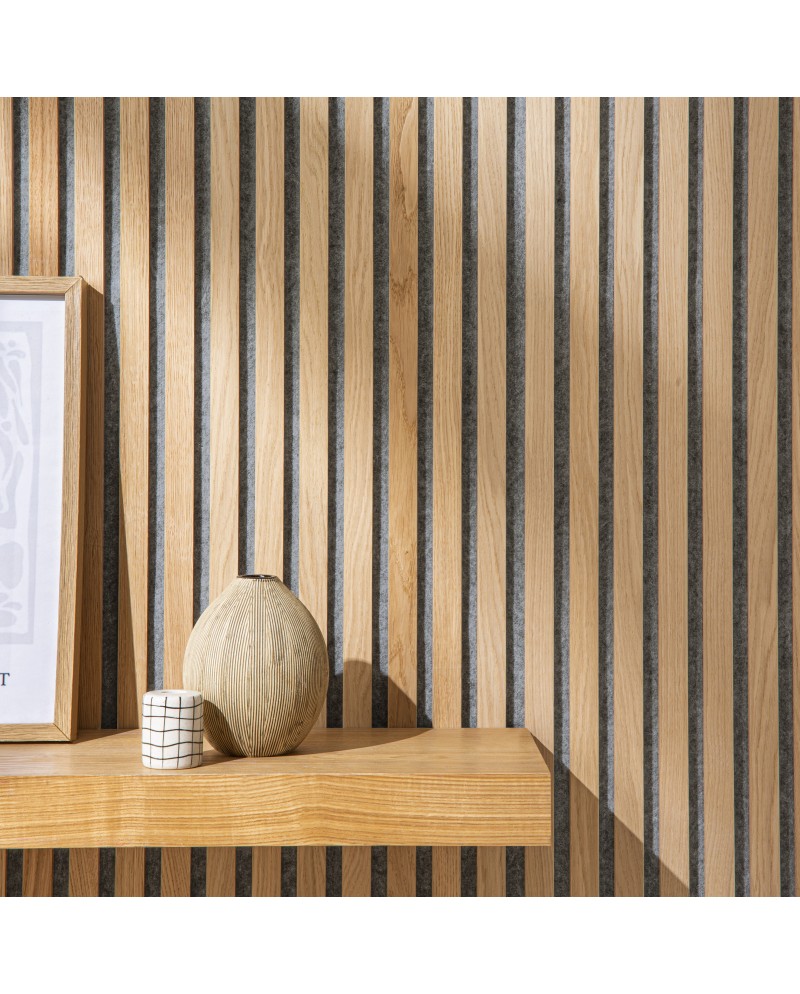 Wooden Slat Wall Vertigo Slim 250 x 30 x 2cm Classic Oak Grey Felt